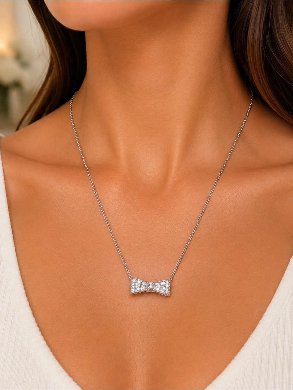 Kate Spade-ready set Bow Pendant Necklace with Clear Crystals - Silver